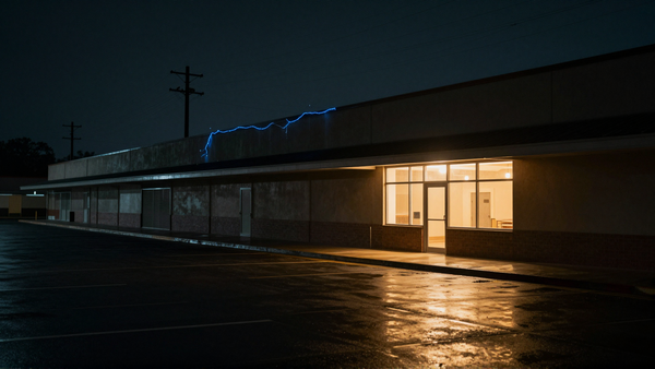 Empty strip mall at night with one lit storefront and electricity running along the roofline