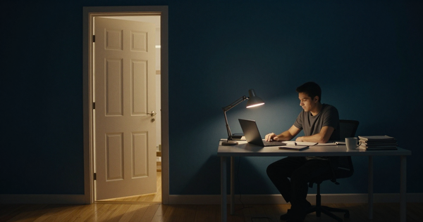 A man works at a lamplit desk in a deep indigo room; beside him a door stands ajar, warm gold light spilling across the floor from a room unseen.